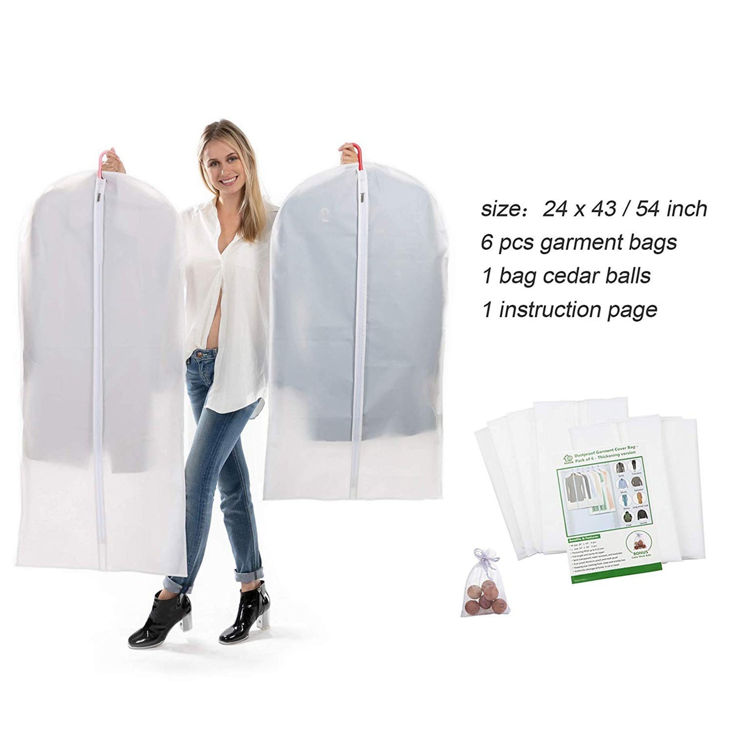 Mskitchen Garment Bags for Closet Storage Garment Covers Clear Garment Bags Clothes Protectors for Closet Hanging Garment Bag Dress Bag Plastic Garment Bags with Cedar Balls -24”x43”/54”/6 Pack