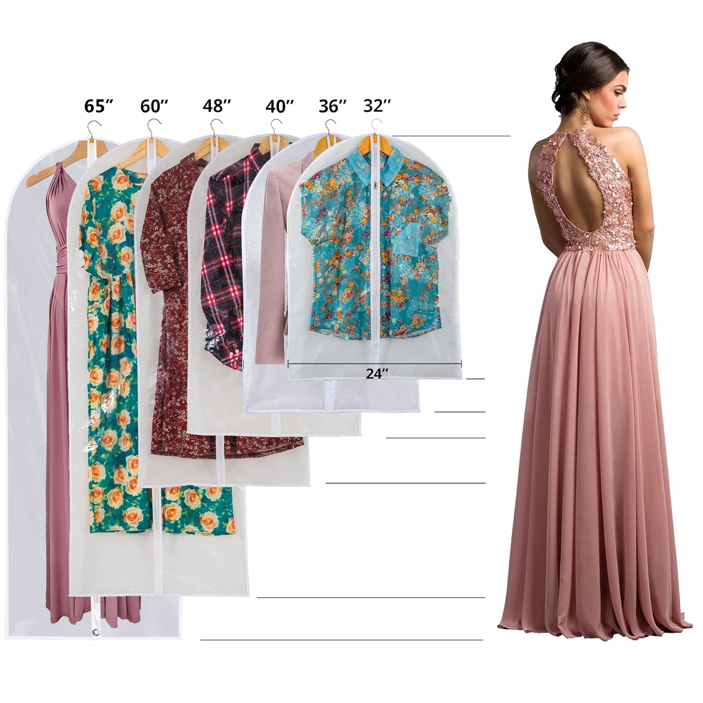 Dress Bags for Gowns Long - Foldable, 65" Clear Garment Bags for Closet Storage and Travel 24" x 65"/ 2 Pack-4 Pack