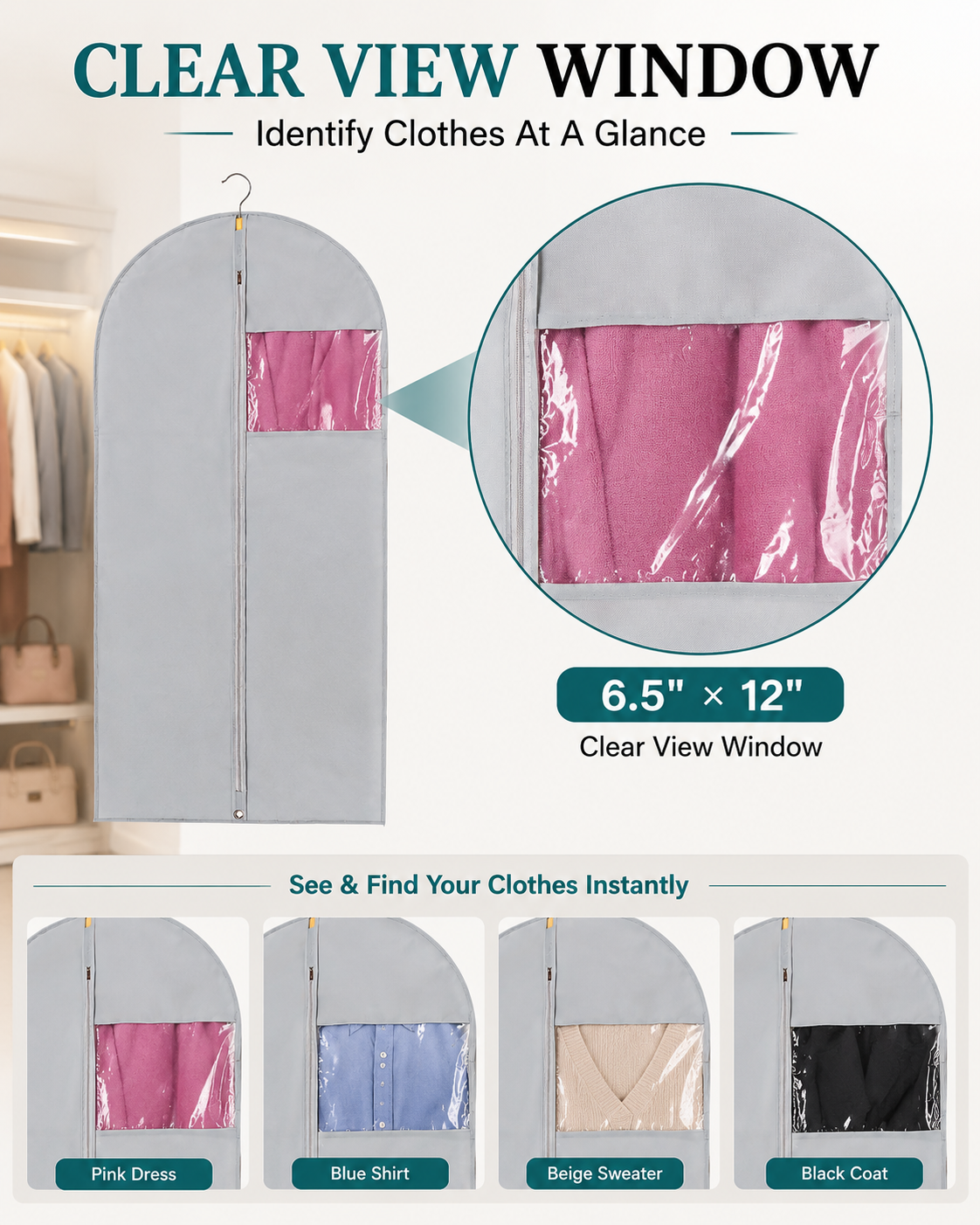 Gray Fabric Garment Bags with Clear Window