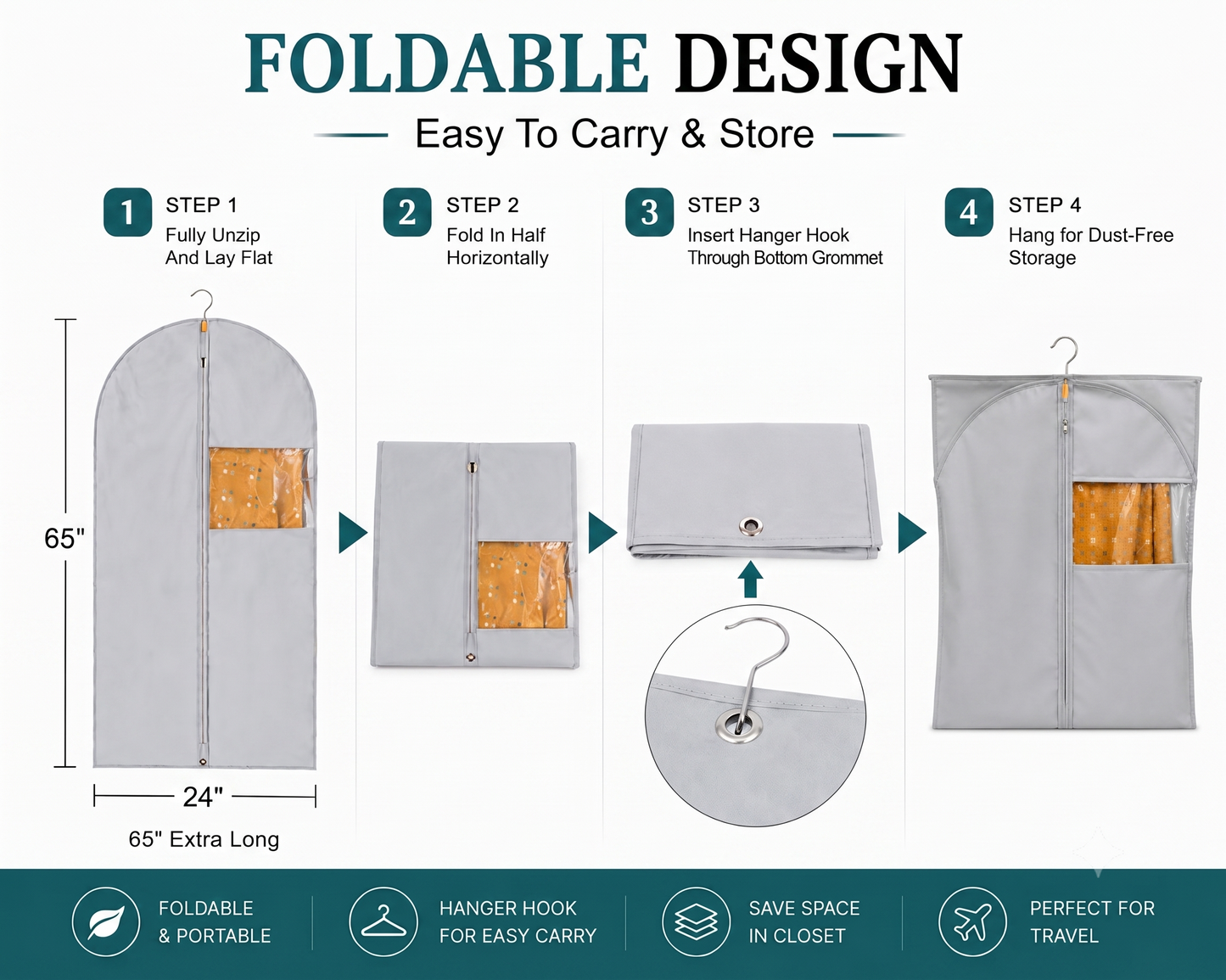 Gray Fabric Garment Bags with Clear Window