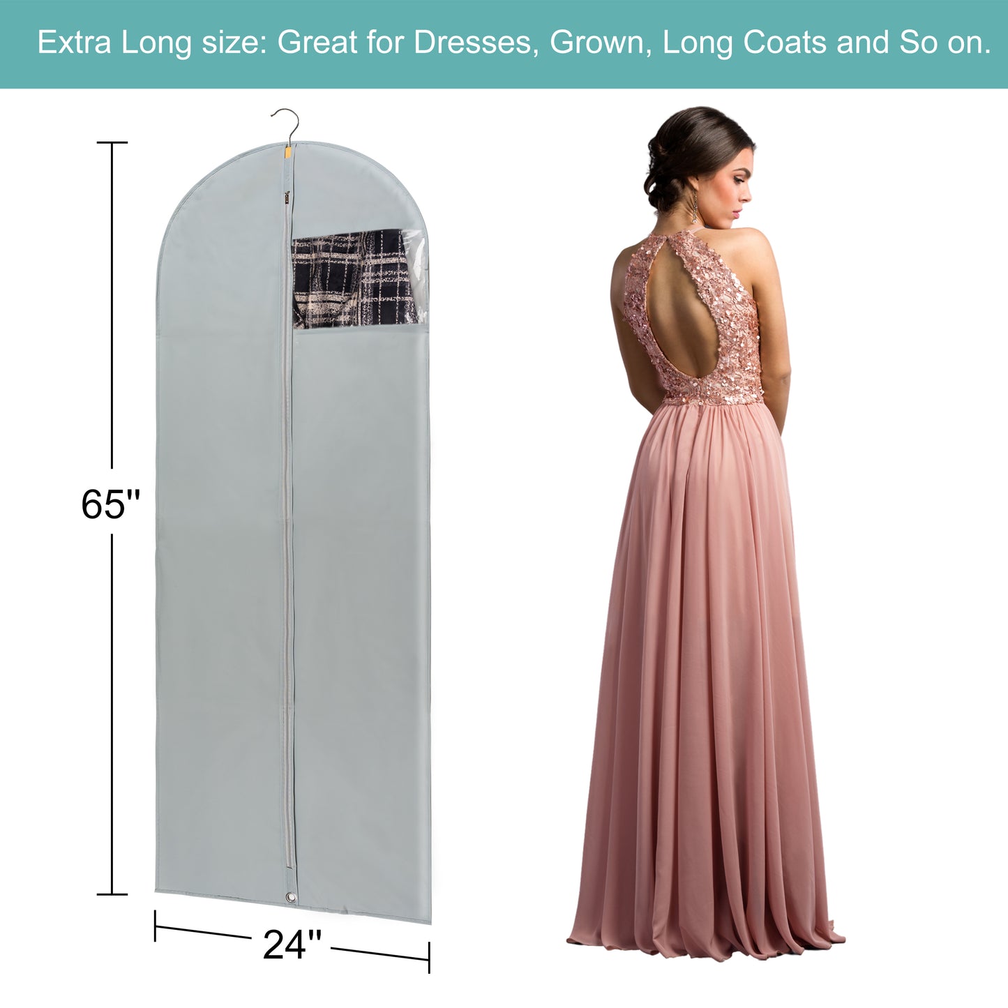 Dress Bags for Gowns Long, 65" Long Dress Bags for Hanging Clothes Clear Windows Foldable Long Garment Bag for Storage and Travel-24"x 65"/2 Pack