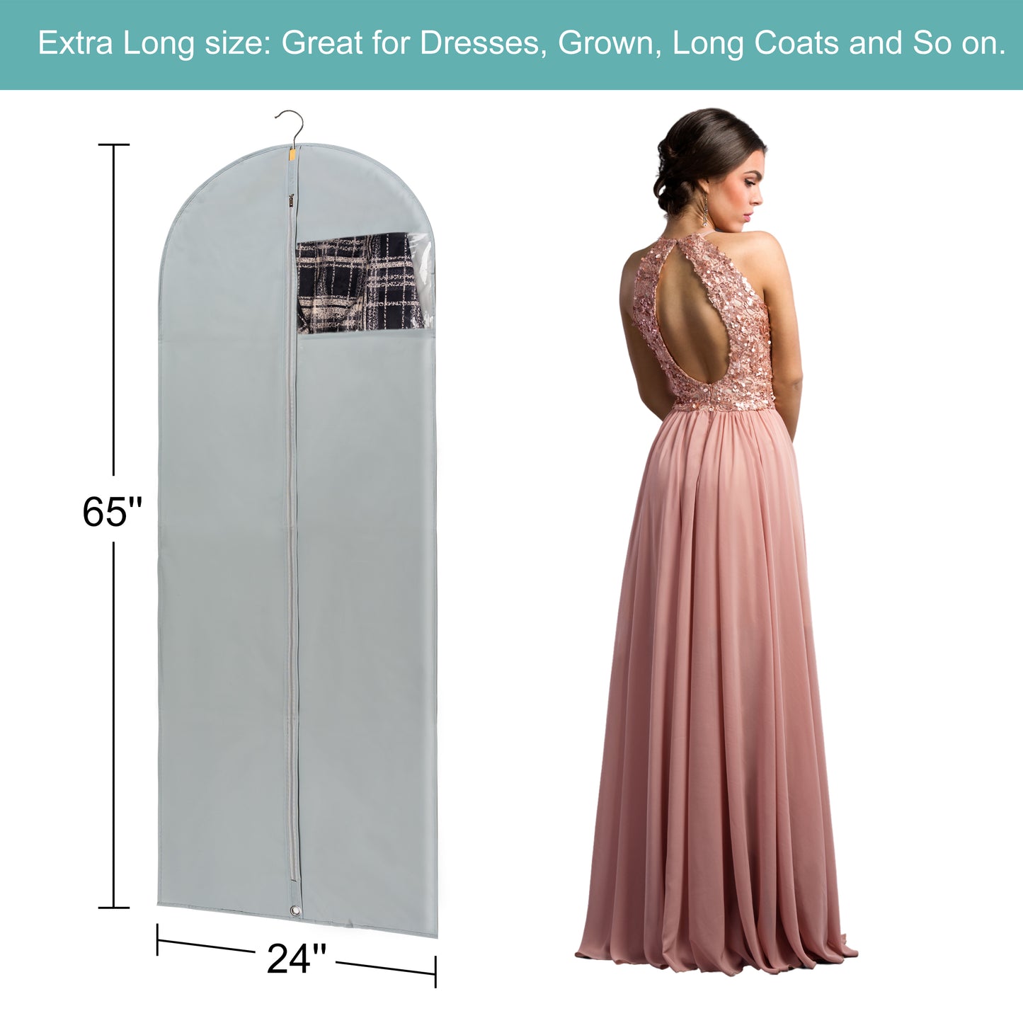 Dress Bags for Gowns Long, 4 Pack-65" Long Dress Bags Foldable Long Garment Bag with Clear Window for Storage and Travel-24"x65"/4 Pack