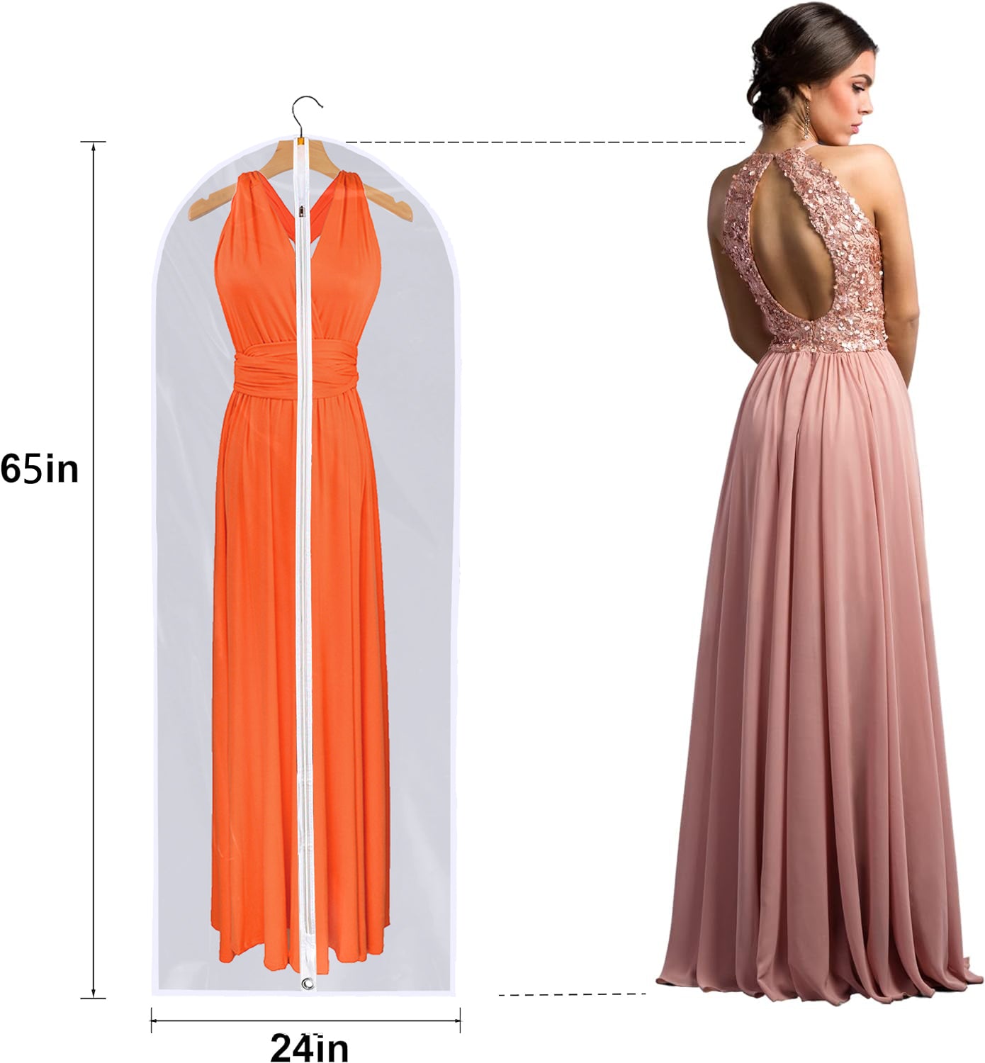 Dress Bags for Gowns Long - Foldable, 65" Clear Garment Bags for Closet Storage and Travel 24" x 65"/ 2 Pack-4 Pack